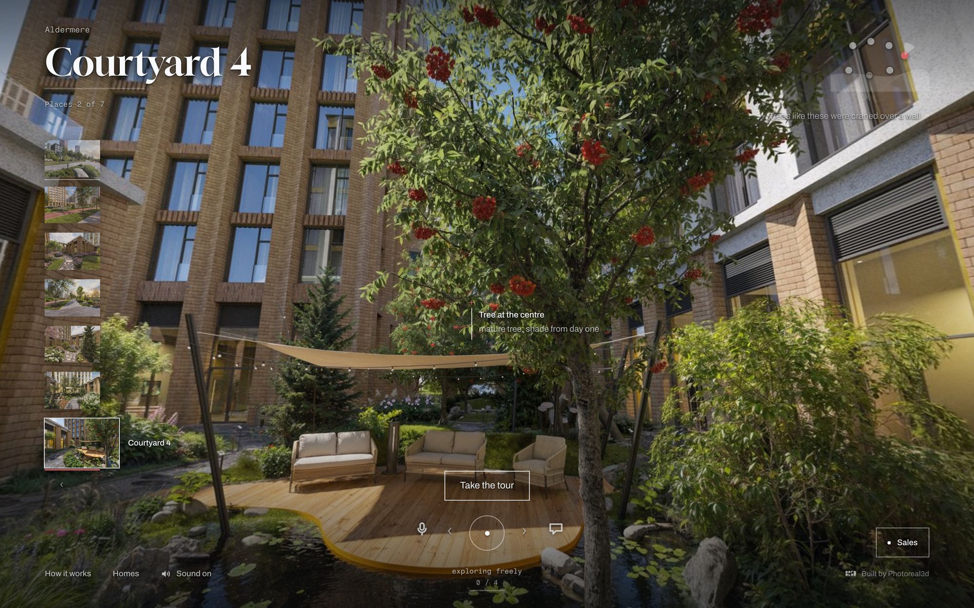 The tour interface in a courtyard: place list on the left, a label beside a tree, controls along the bottom