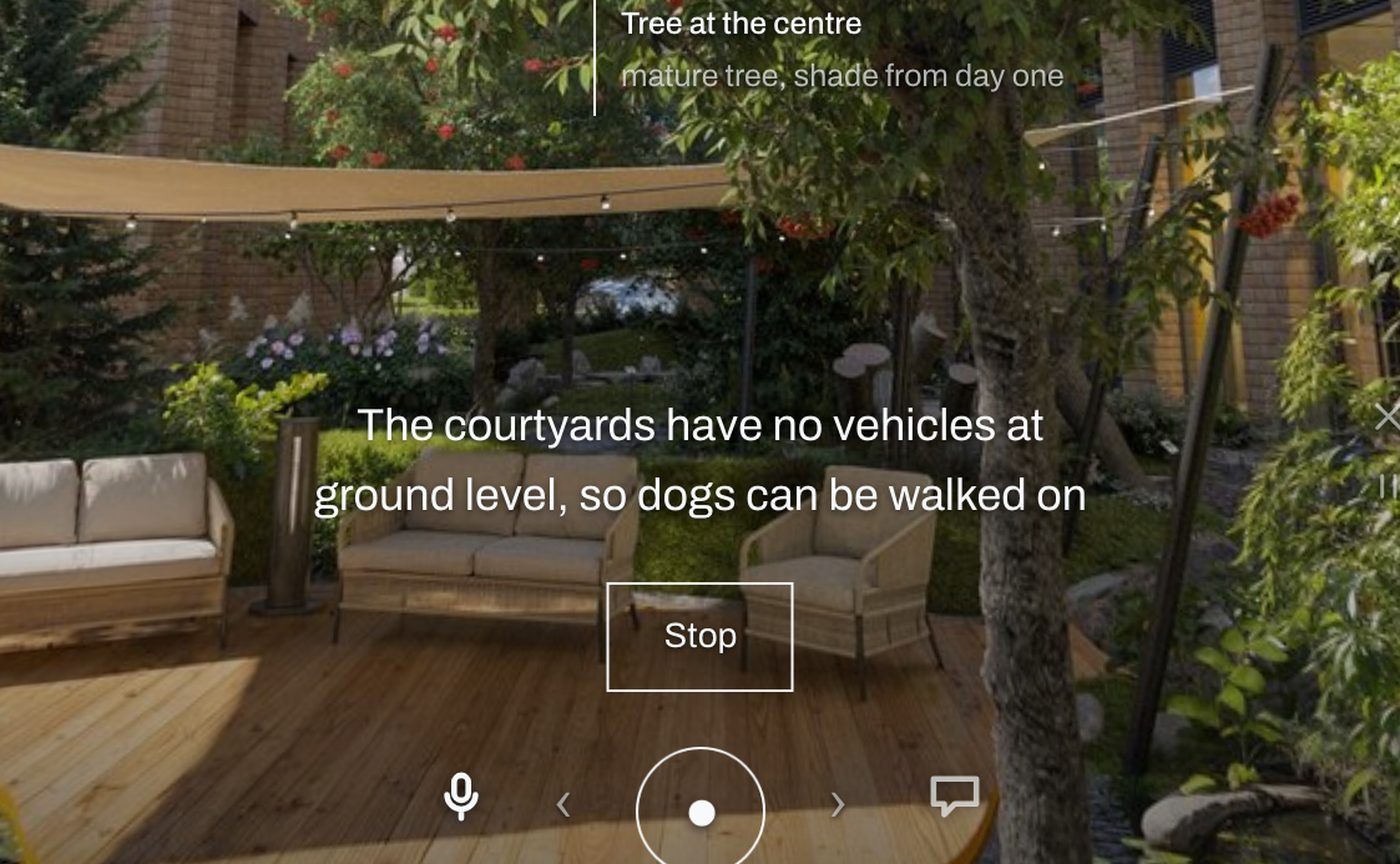 The host’s spoken answer shown as a subtitle over the courtyard deck